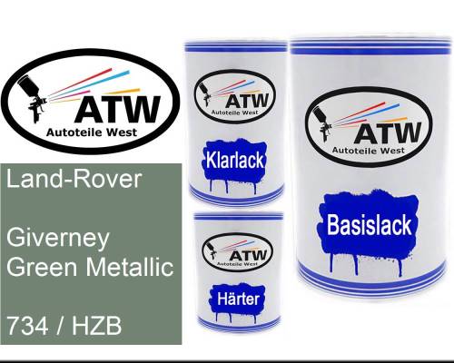 Land-Rover, Giverney Green Metallic, 734 / HZB: 500ml Lackdose + 500ml Klarlack + 250ml Härter - Set, von ATW Autoteile West.